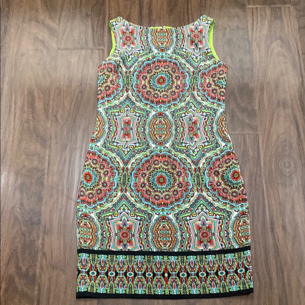 London Times Neon Multi-Color Mandala Print Mini Dress